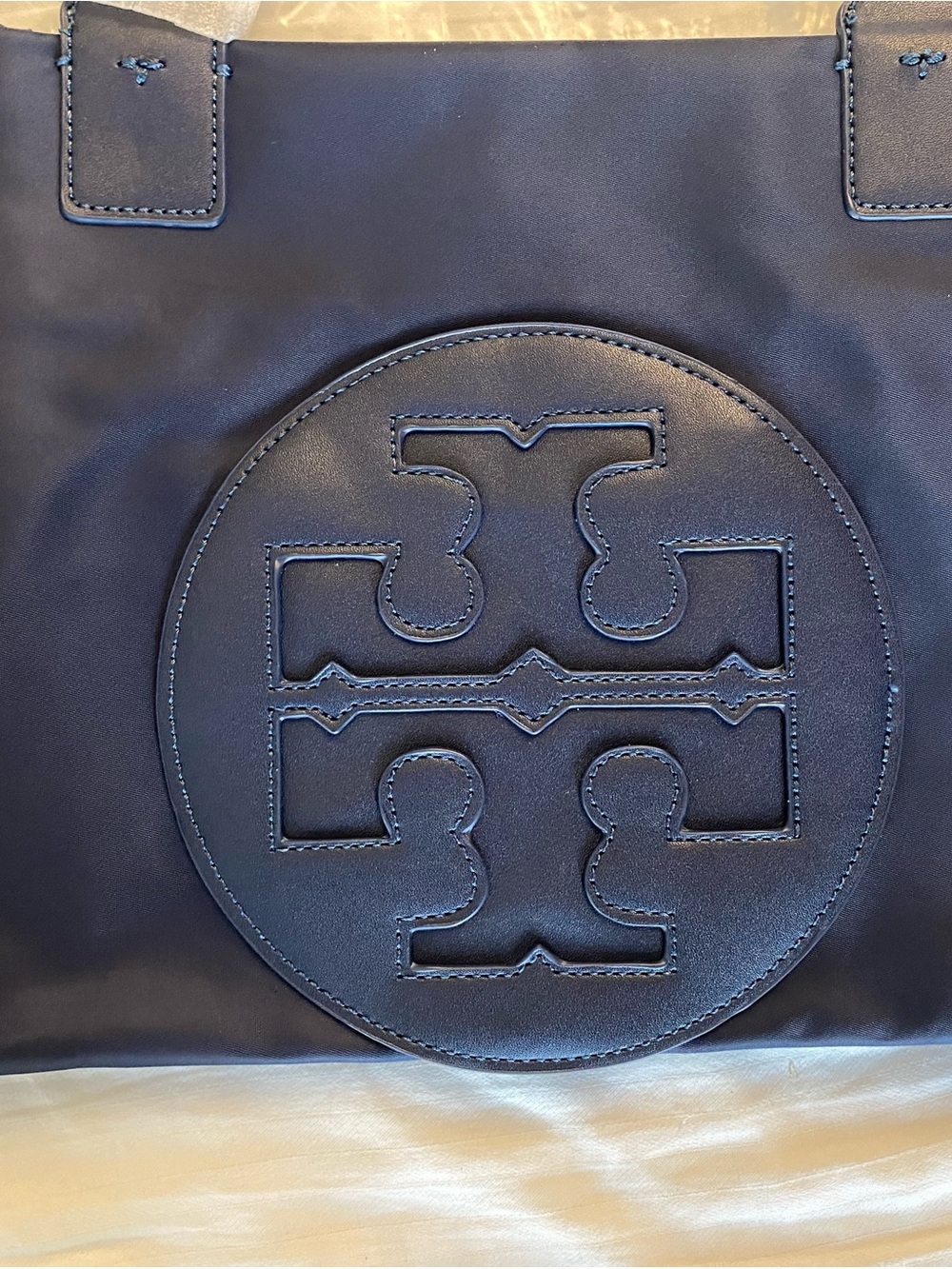 Tory Burch Navy Logo Tote with Leather Medallion - Picture 4 of 12